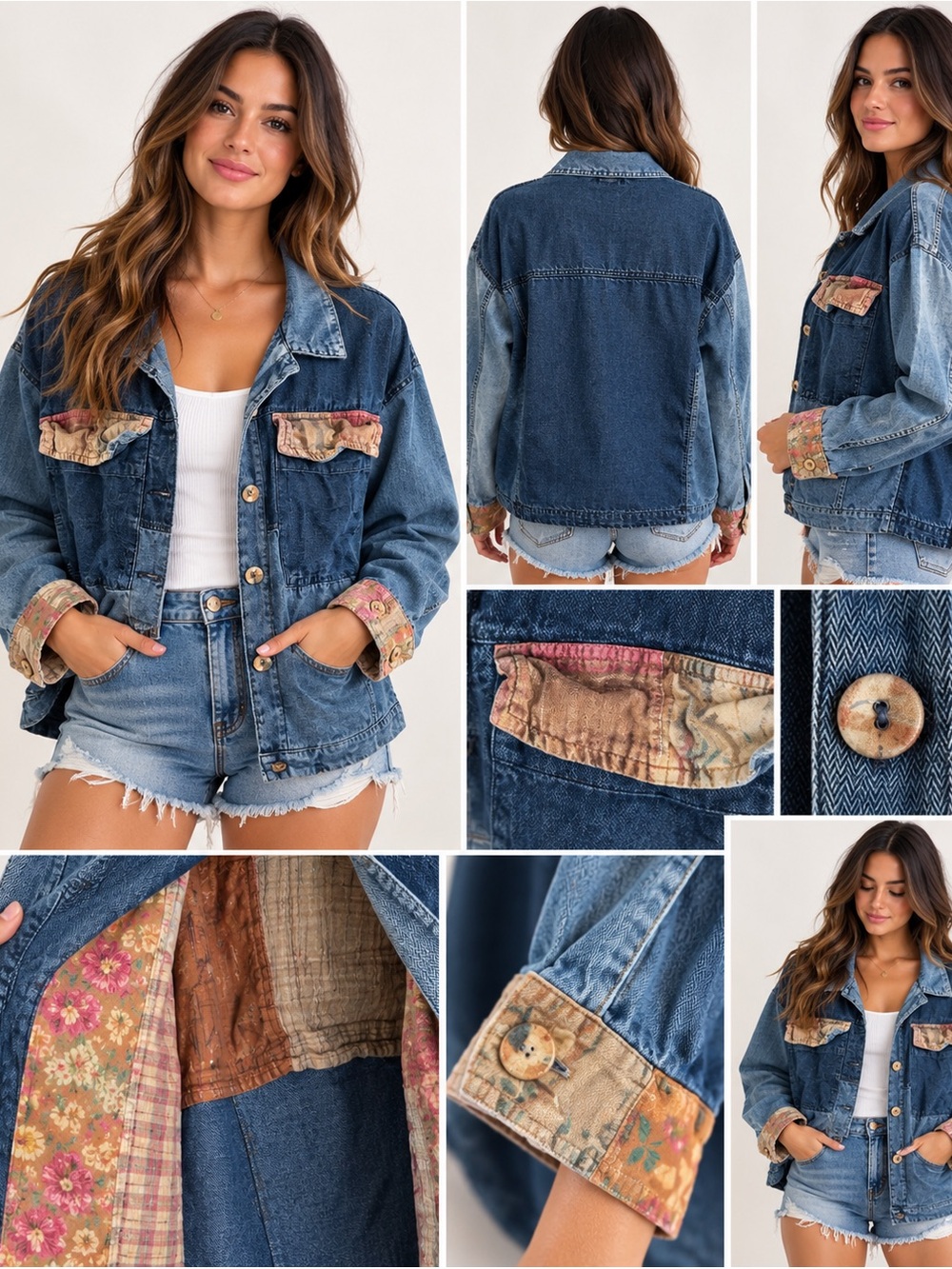 Boho Patchwork Blue Denim Jacket with Floral Trim